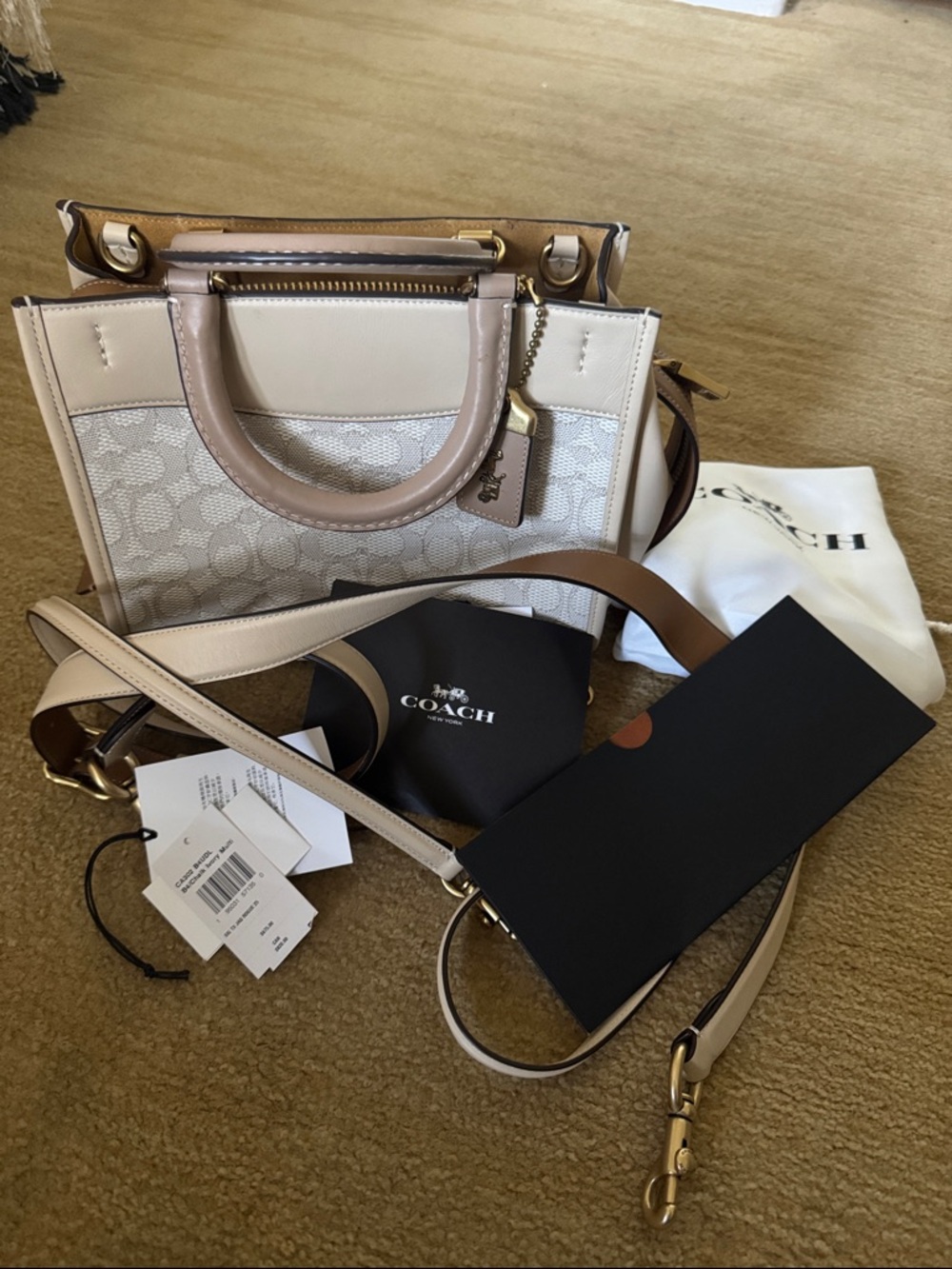 Coach Cream & Tan Signature Canvas Satchel with Leather Trim